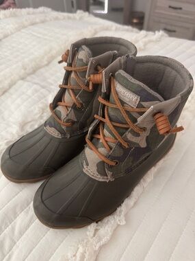Sperry Olive/Camo Duck Boots with Tan Leather Laces